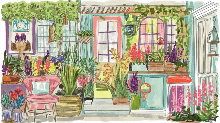Petit jardin coloré avec des fleurs vibrantes et décorations uniques.