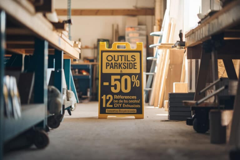 Plusieurs outils Parkside disposés en vitrine avec étiquettes promotionnelles affichant réductions cinquante pour cent.